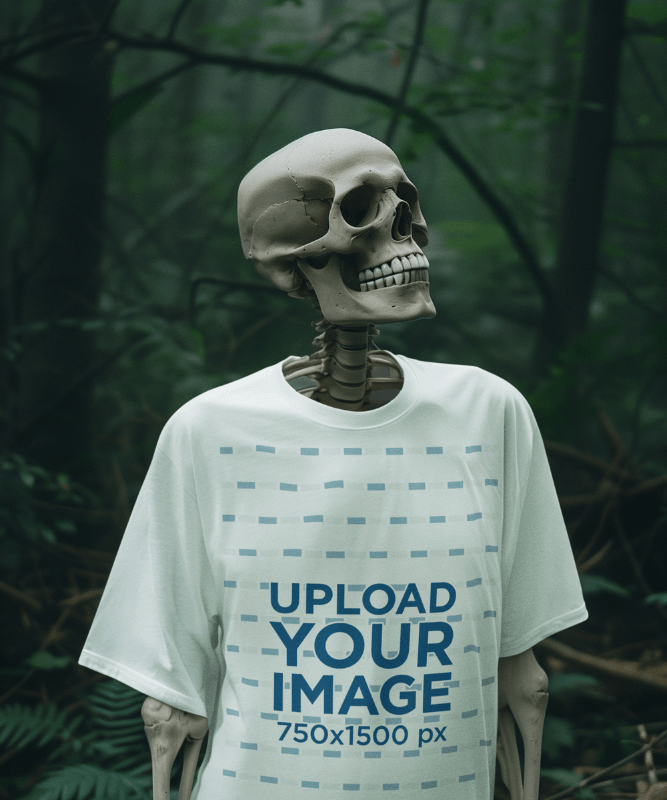 T Shirt Mockup Featuring An Ai Created Spooky Skeleton Walking In A Haunting Forest