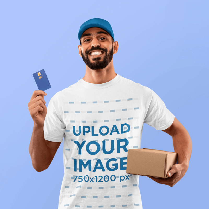 T Shirt Mockup Of A Delivery Man Ready To Take A Credit Card Payment