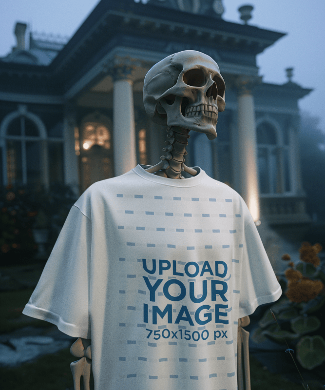 T Shirt Mockup Of An Ai Generated Creepy Skeleton Standing Outside A Haunted Mansion