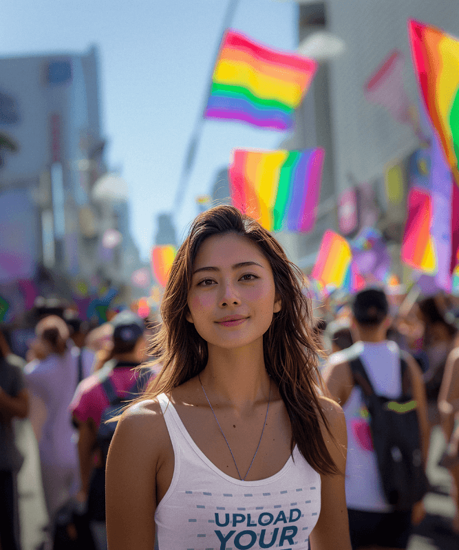 Tank Top Mockup Featuring An Ai Created Woman Posing In A Pride Parade