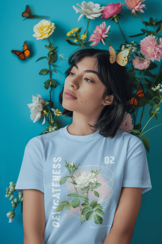 AI Generated Mockup Of A Woman Wearing A Blue Floral T Shirt In Front Of A Wall With Flowers