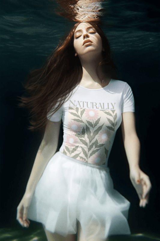 AI Generated Mockup Of A Woman Wearing A Floral Tee Underwater