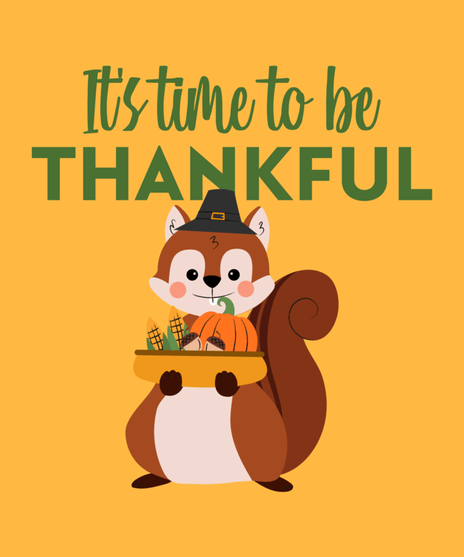 Kids T Shirt Design Template With A Smiling Thanksgiving Squirrel Cartoon