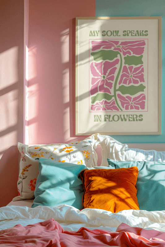 Kitsch Inspired Mockup Featuring An AI Created Art Print Placed On A Bedroom Wall