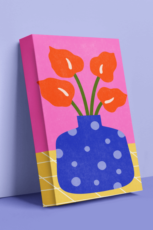 Mockup Of A Canvas Frame With A Floral Art Print Leaning Against A Colorful Wall