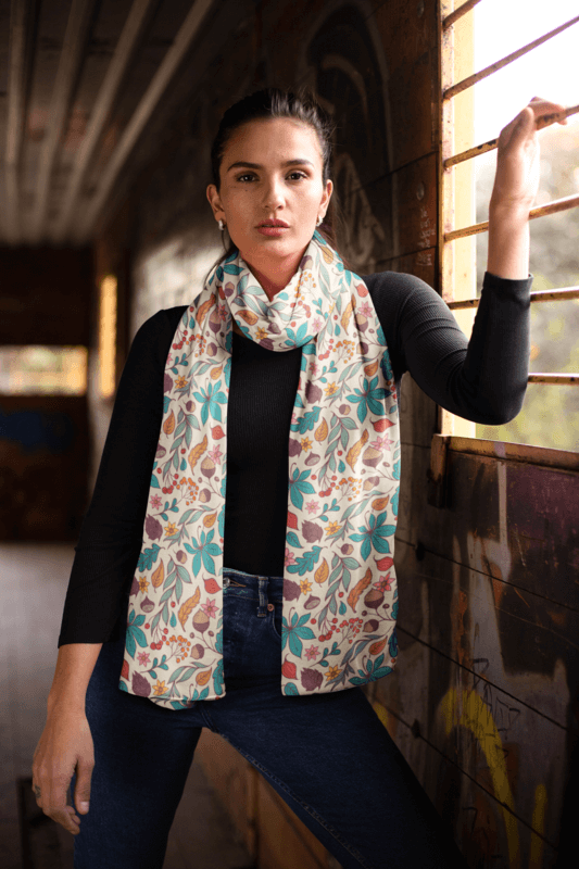 Scarf Mockup With A Fall Pattern Featuring A Woman Holding Onto A Window Bar