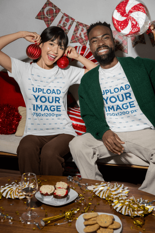 T Shirt Mockup Of A Happy Man And Woman In A Christmas Themed Party