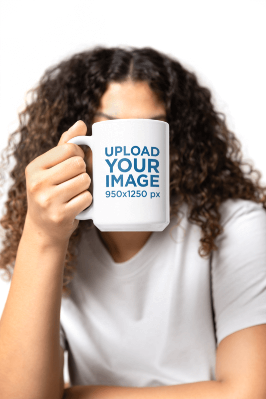 15 oz Coffee Mug Mockup Featuring A Blurry Curly Haired Woman In The Background