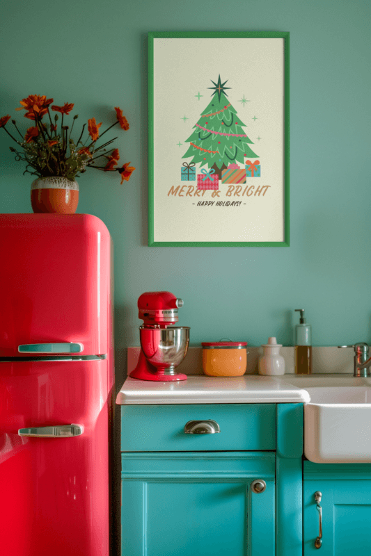 Ai Created Mockup Of A Vertical Art Print Placed In A Retro Style Kitchen