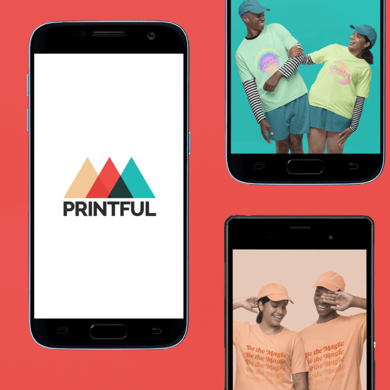 Cellphone Mockups Displaying T Shirt Designs And Printful's Logo