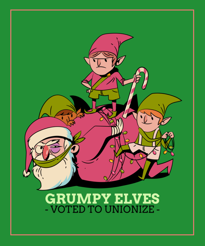 Christmas T Shirt Design Generator Featuring An Illustrated Beaten Santa And Three Grumpy Elves