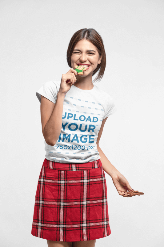 Christmas T Shirt Mockup Of Smiling Woman In Studio