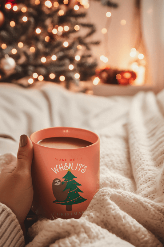 Coffee Mug Mockup Of A Woman Lying On Her Bed In Front Of A Christmas Tree