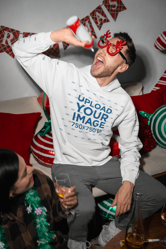 Gildan Hoodie Mockup Featuring A Man Celebrating Christmas With His Friends