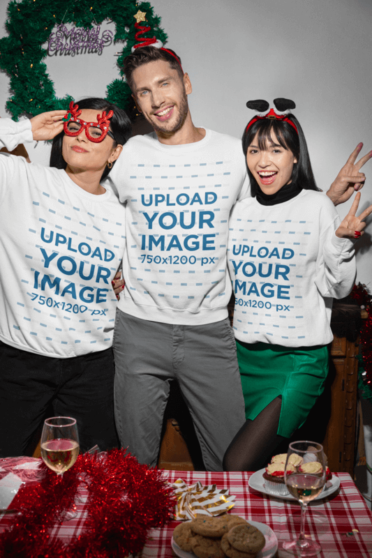 Gildan Sweatshirt Mockup Of Two Women And A Man Celebrating Christmas