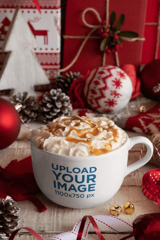 Mockup Of A 24 Oz Coffee Mug Placed On A Christmas Decorated Setting