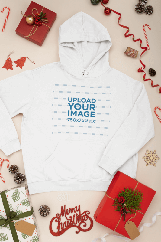 Mockup Of A Pullover Hoodie With Christmas Decorations Around It