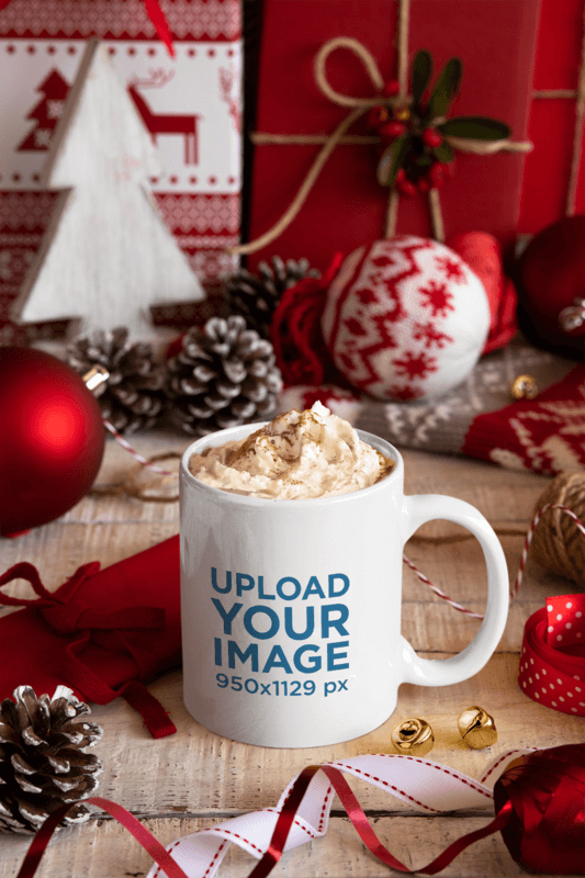 Mockup Of An 11 Oz Coffee Mug Surrounded By Xmas Decorations