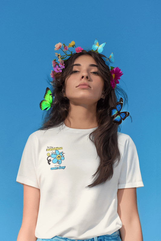 Round Neck Tee Mockup Of An Ai Generated Woman Wearing A Print On Demand Embroidery Shirt With Butterflies And Flower Crown