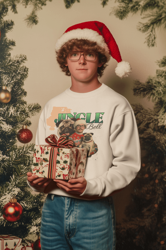 Sweatshirt Mockup Featuring An Ai Created Young Man Holding A Christmas Present