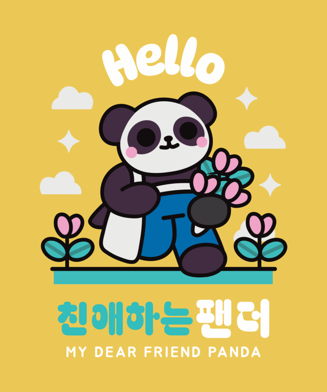 T Shirt Design Template Featuring A Cute Panda Picking Flowers