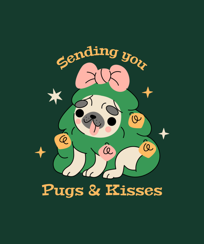 T Shirt Design Template With A Cute Pug Graphic And A Christmas Greeting