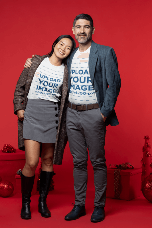 T Shirt Mockup Featuring A Stylish Couple In A Christmas Set