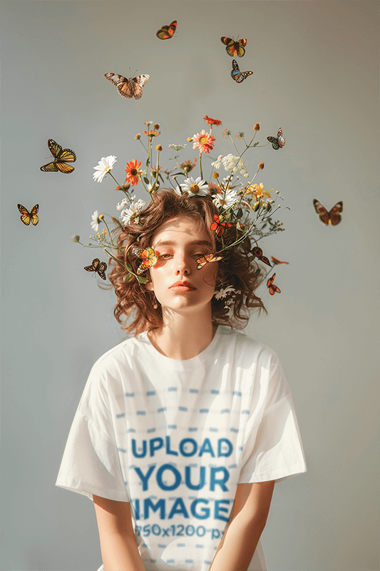 AI Generated Mockup Of A Woman With Flowers And Butterflies Wearing A T Shirt