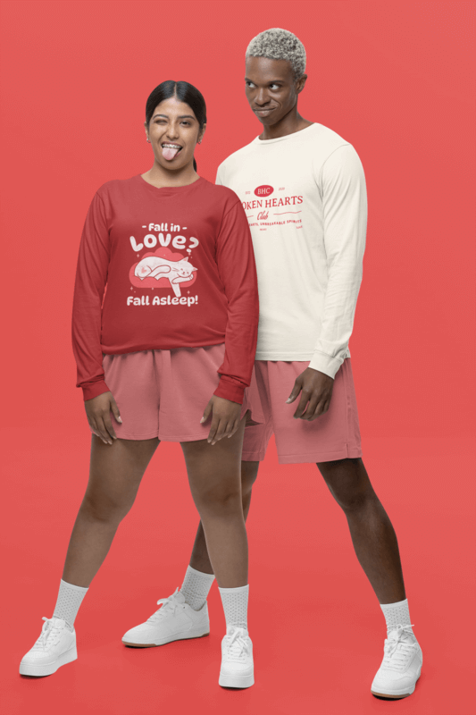 Bella Canvas Long Sleeve Tee Mockup Of A Man And A Woman In Gender Neutral Apparel Featuring Valentine's Designs