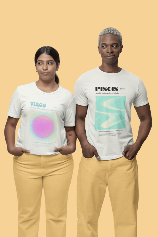 Bella Canvas T Shirt Mockup Featuring A Man And Woman Wearing Gender Neutral Clothes With An Astrology Design