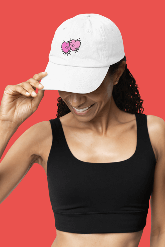 Otto Cap Dad Hat Mockup With A Heart Design Featuring A Happy Woman Posing With A Dad Hat And A Wellness Styled Outfit