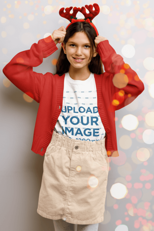 Round Neck Tee Mockup Of A Happy Girl Wearing A Reindeer Ears Headband