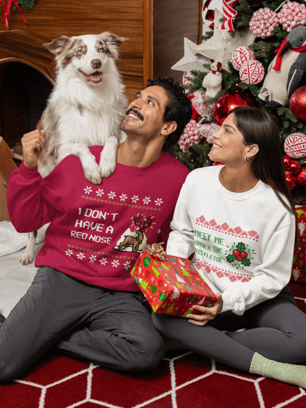 Sweatshirt Mockup Of A Happy Couple Posing In A Christmas Decorated Room With Their Dog