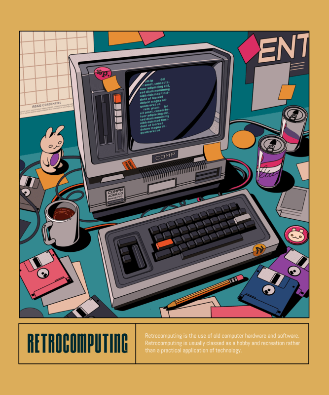 T Shirt Design Template With A Retro Computer And Cassettes