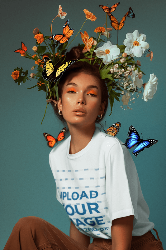 T Shirt Mockup Featuring An AI Created Serious Woman With A Floral And Butterfly Crown