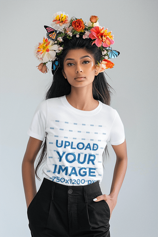 T Shirt Mockup Featuring An AI Created Woman Wearing A Floral Crown With Butterflies