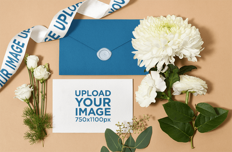 Wedding Program And Ribbon Mockup Featuring A White Flower