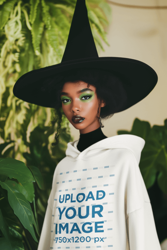 Witch Musical Inspired Blank Mockup Featuring An AI Created Woman In An Oversized Hoodie