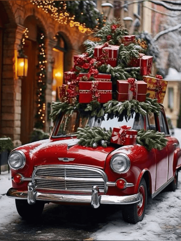 A Beautiful Red Car With Various Red Boxes And A Christmas Tree On The Top