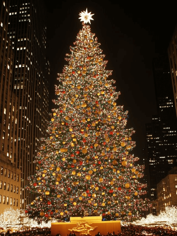 A Beautiful And Giant Christmas Tree Covered In Lights At Rockefeller Center