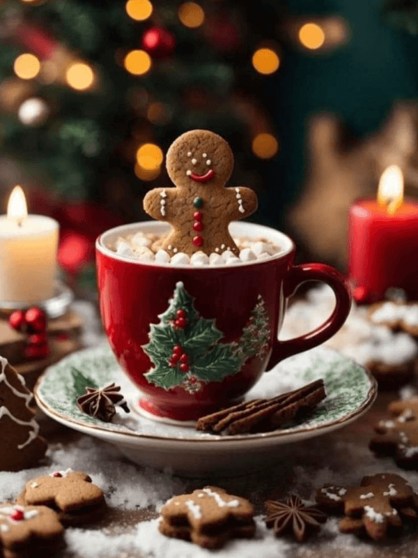 A Beautiful And Happy Gingerbread Cookie In A Christmas Mug With A Festive Lights Background