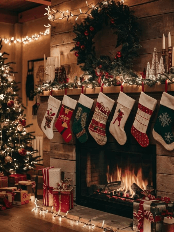 A Charming Room With A Lit Fireplace And A Set Of Christmas Stockings