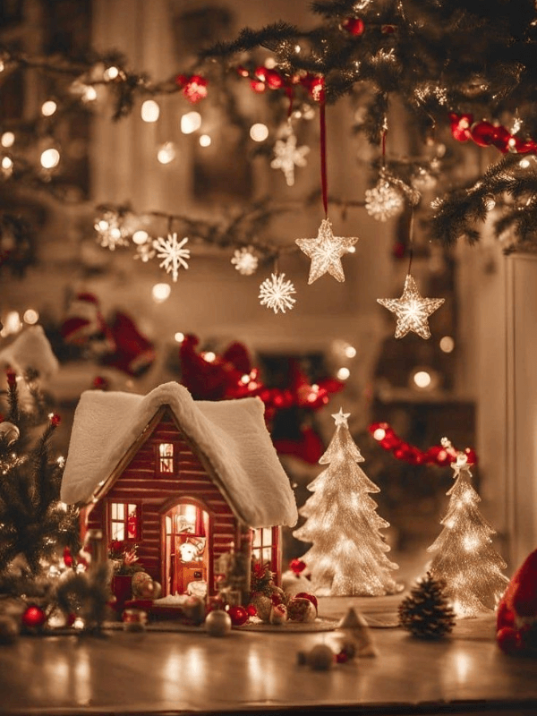 A Close Up View Of A Lovely Ceramic Christmas Village Decoration With Lights In The Background