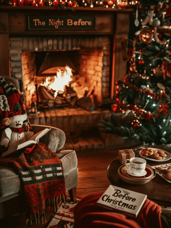 A Cozy Living Room With A Lit Fireplace And A Christmas Tree