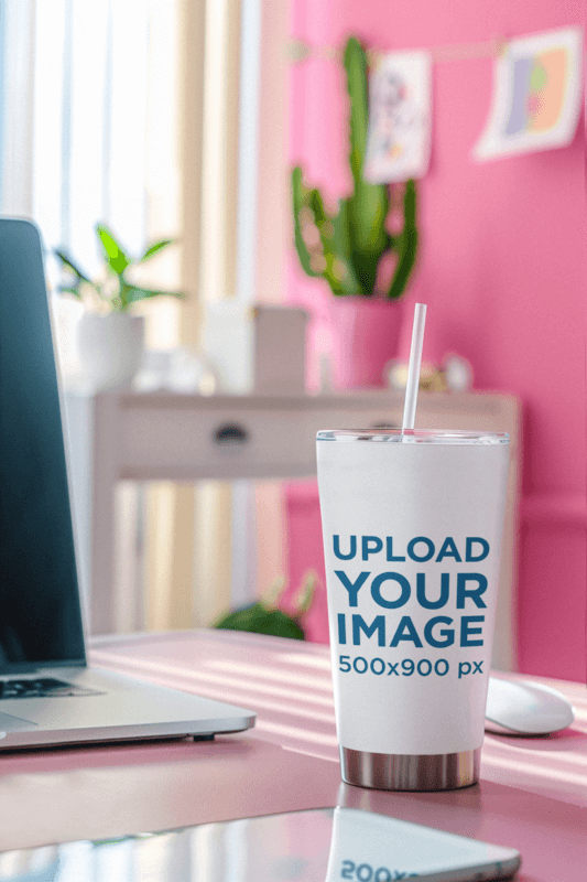 AI Created Mockup Of A Tumbler Placed On A Desk In A Girly Decorated Room