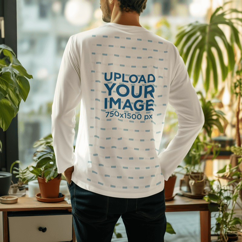 Back View Long Sleeve Tee Mockup Of A Man Generated By Ai Looking At A Window