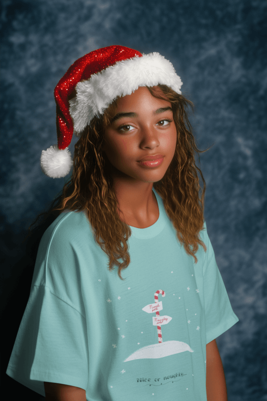 Retro Portrait Inspired Mockup Of A Woman With An Oversized Tee And A Christmas Hat