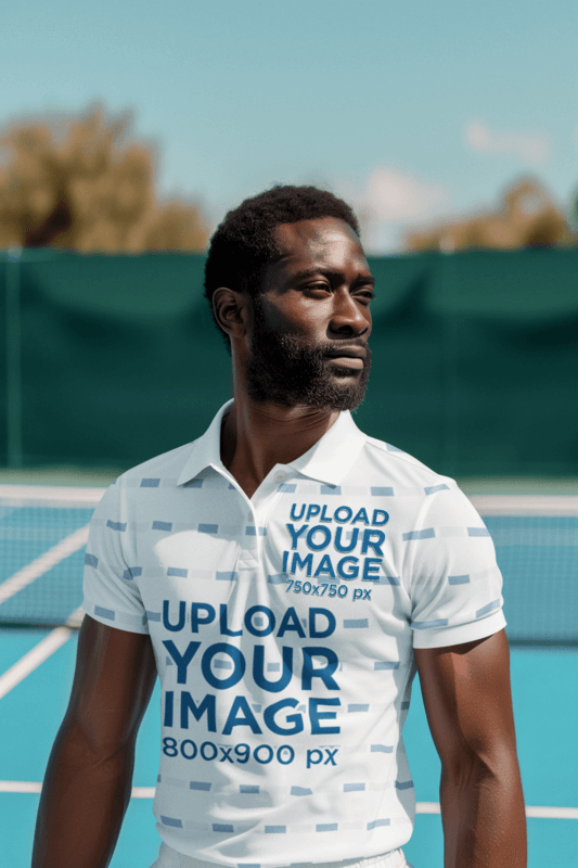 Sports Polo Mockup Of An Ai Generated Bearded Man On A Tennis Court