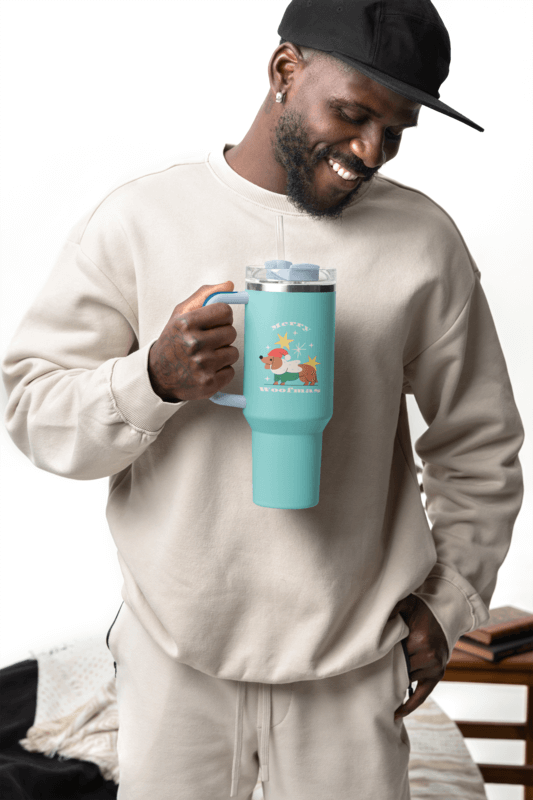 Stanley Tumbler Mockup Featuring A Smiling Bearded Man