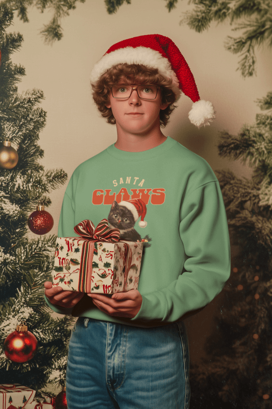 Sweatshirt Mockup Featuring An Ai Created Young Man Holding A Christmas Present